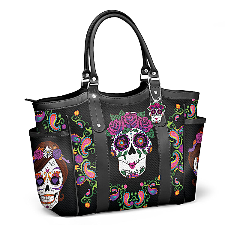 Sweet Spirits Black Poly Twill Shoulder Tote Bag With Black Faux Leather Trim Featuring Vibrant Sugar Skull Artwork Inspired By Dia De Los Muertos