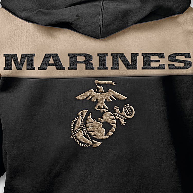 Marine Corps Honor Mens Two Toned Black And Tan Cotton Blend Knit Full Zip Hoodie Featuring A Fully Embroidered USMC EGA Emblem On The Back