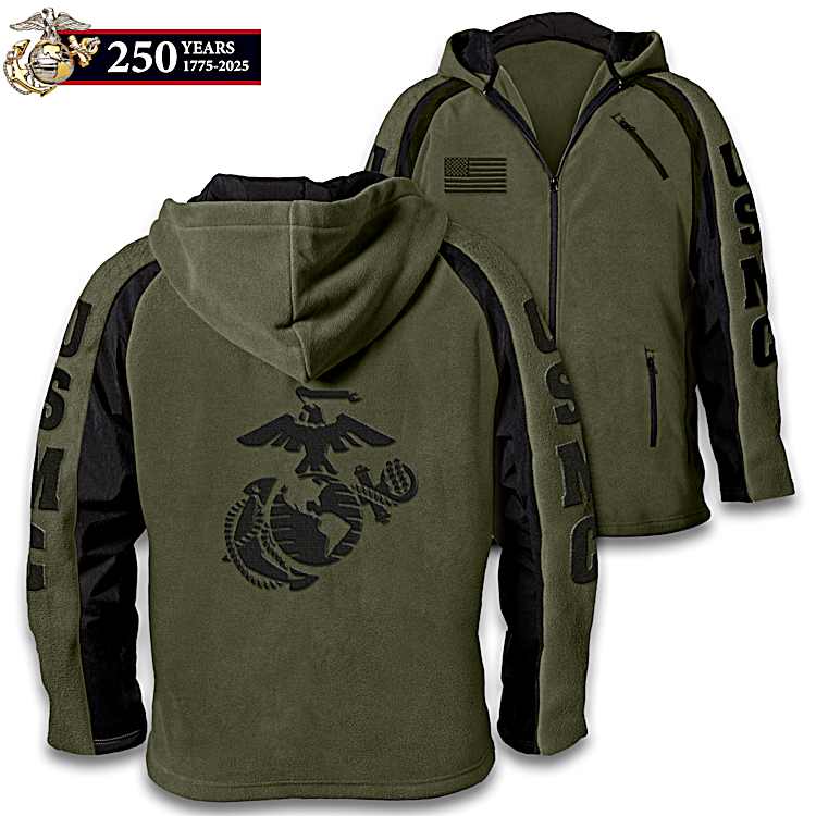 U.S. Marines Green Fleece Jacket With Raglan Style Sleeves And The USMC Emblem Appliqued On The Back