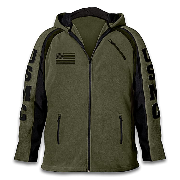 U.S. Marines Green Fleece Jacket With Raglan Style Sleeves And The USMC Emblem Appliqued On The Back