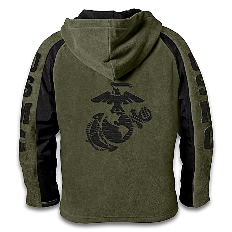 U.S. Marines Green Fleece Jacket With Raglan Style Sleeves And The USMC Emblem Appliqued On The Back
