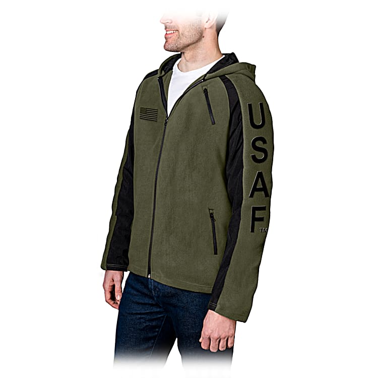 U.S. Air Force Green Fleece Jacket With Raglan Style Sleeves And USAF Symbol Appliqued On The Back