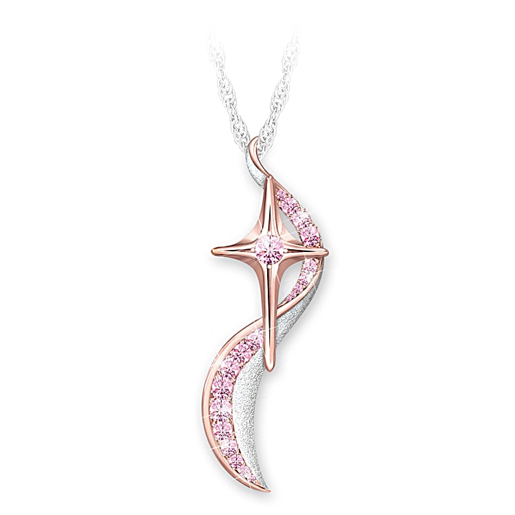 18K Rose Gold Plated Breast Cancer Awareness Cross Pendant Adorned With 15 Pink Simulated Diamonds