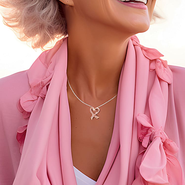 18K Rose Gold Plated Breast Cancer Awareness Ribbon Pendant Adorned With 26 Pink Simulated Diamonds