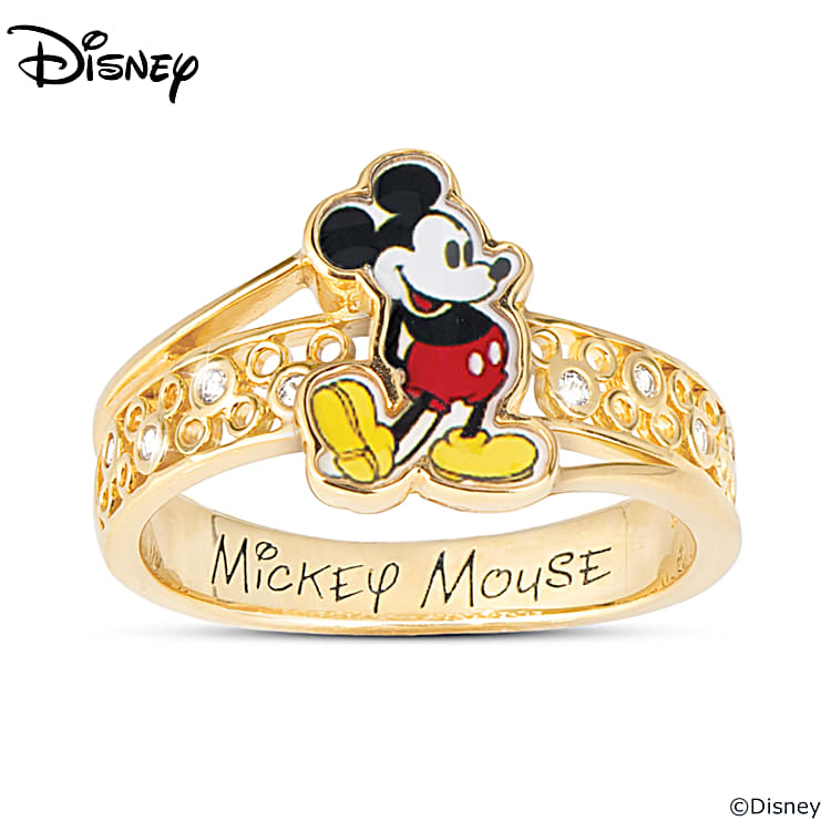 Disney Legendary 18K Gold Plated Ring Featuring An Image Of Mickey Mouse Accented With 8 White Topaz Stones Set Inside Mickey Mouse Ear Silhouettes