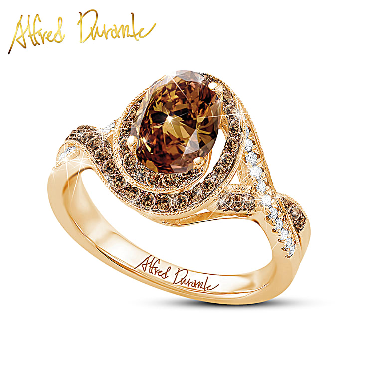 Mocha Twist Womens 18K Gold Plated Ring Featuring An Oval Shaped Cocoa Quartz Center Stone Surrounded By A Halo Of Mocha Diamonds