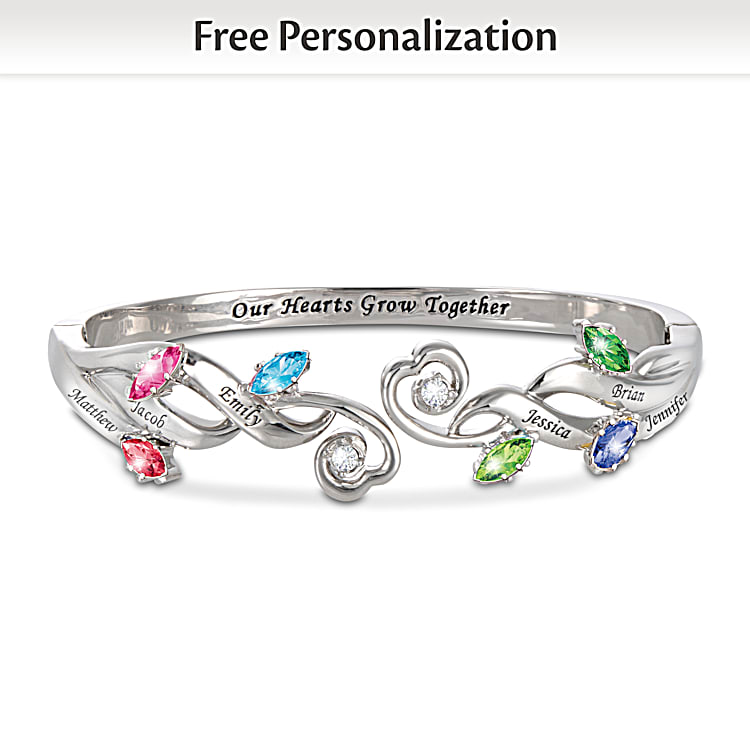 Platinum Plated Bracelet With Up To 6 Leaf Shaped Crystal Birthstones Engraved With Up To 6 Names