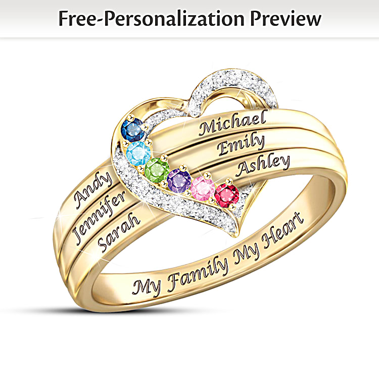 My Family My Heart Womens 18K Gold Plated Heart Shaped Ring Personalized With Up To 6 Names 6 Crystal Birthstones