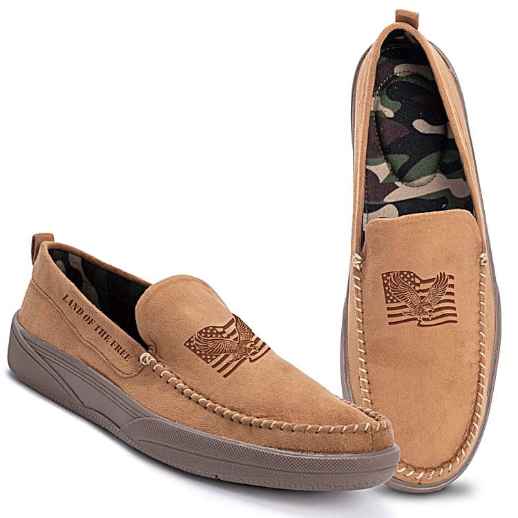 Patriotic Pride Mens Tan Faux Suede Moccasins Featuring An Embossed Image Of The American Flag With An Eagle Lined With Soft Flannel In Camo Print