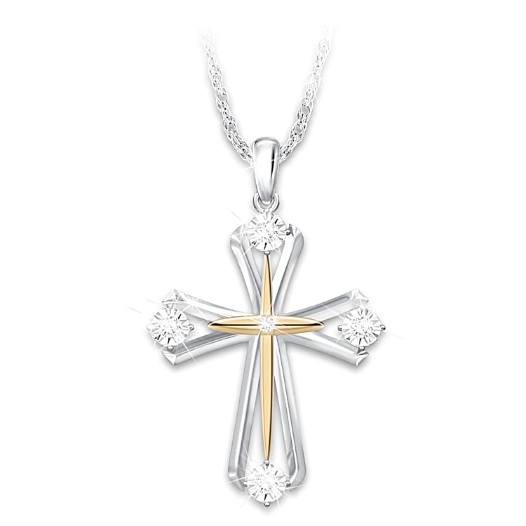 Granddaughter Sterling Silver Cross Pendant With 10K Solid Gold Accents And Adorned With 5 Diamonds