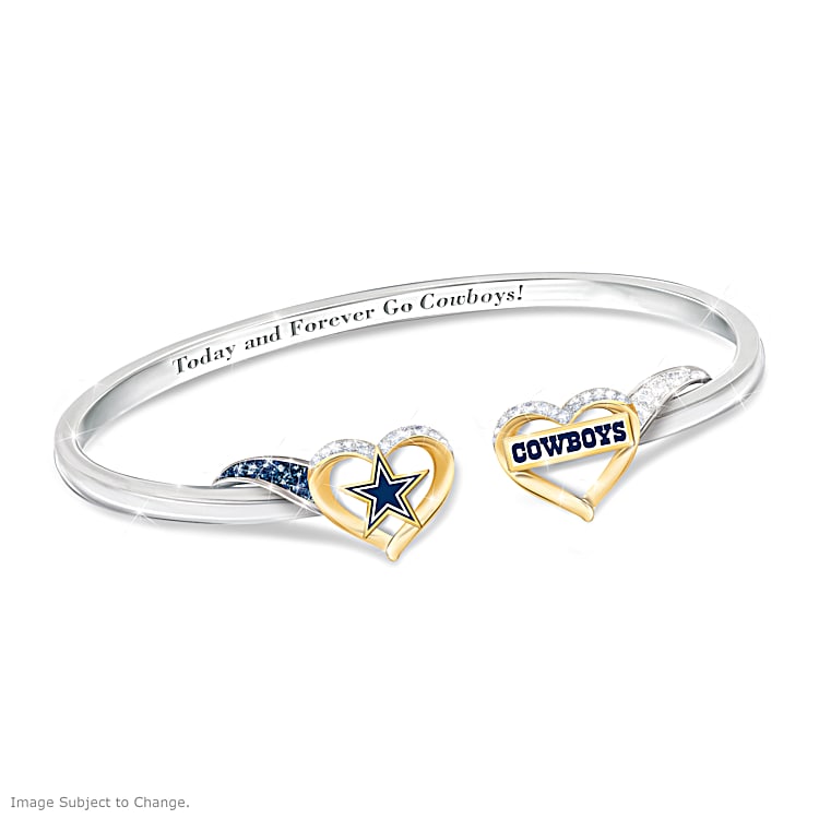 Pride Of Dallas NFL Bangle Bracelet With 18K Gold-Plated Accents Featuring  2 Sculpted Hearts Adorned With Crystals In Team Colors And Logos