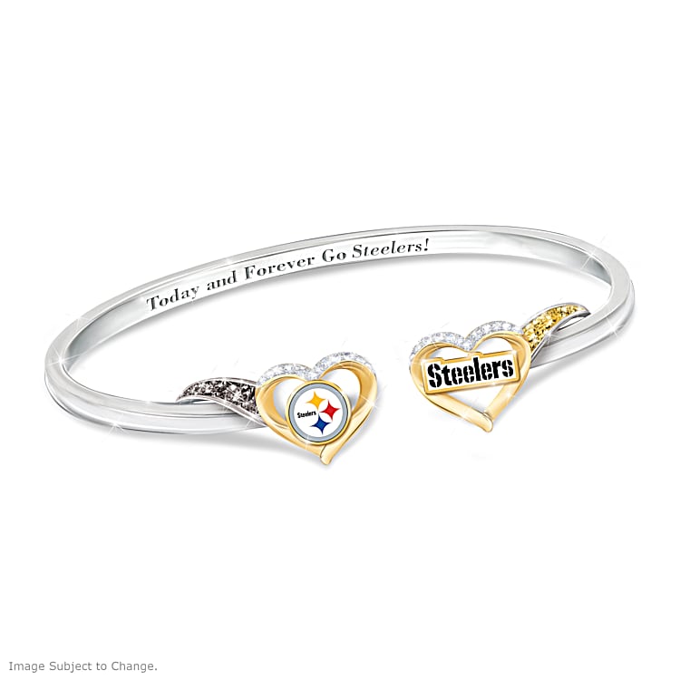 Pride Of Pittsburgh Womens NFL Bangle Bracelet With 18K Gold Plated Accents Adorned With Team Logos And Crystal Accents In Team Colors