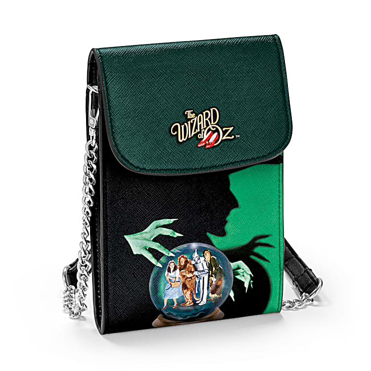 Ill Get You My Pretty Faux Leather Crossbody Cell Phone Handbag In Green Black Hues Featuring THE WIZARD OF OZ Art With A Silver Toned Chain Strap