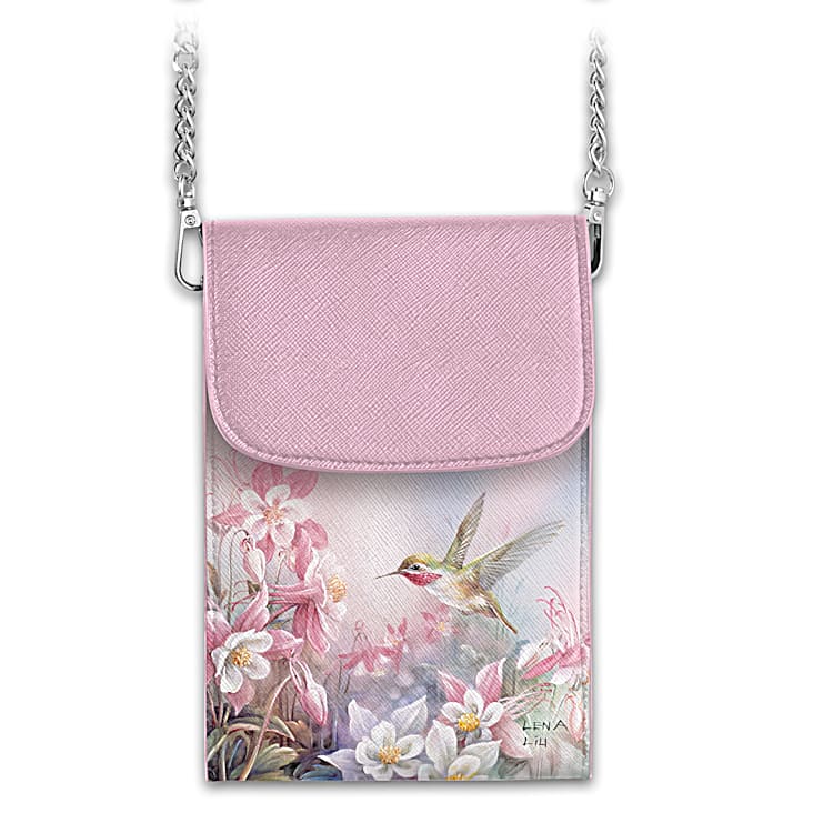 Floral Enchantment Pink Faux Leather Crossbody Cell Phone Handbag Featuring  Hummingbird Art By Artist Lena Liu
