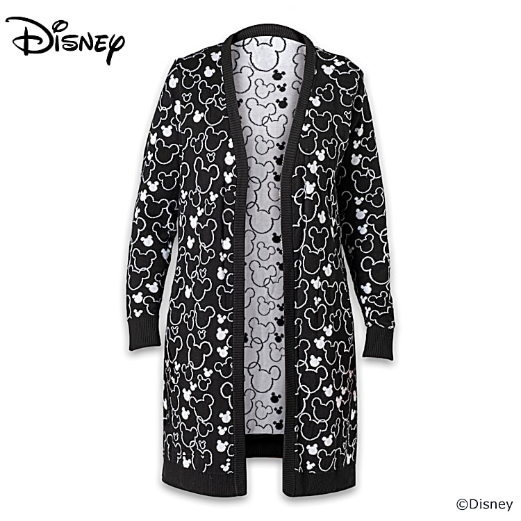 Disney Mickey Mouse All Ears Womens Black Knee Length Intarsia Knit Cardigan Adorned With An All Over Pattern Of Black And White Mickey Mouse Ears