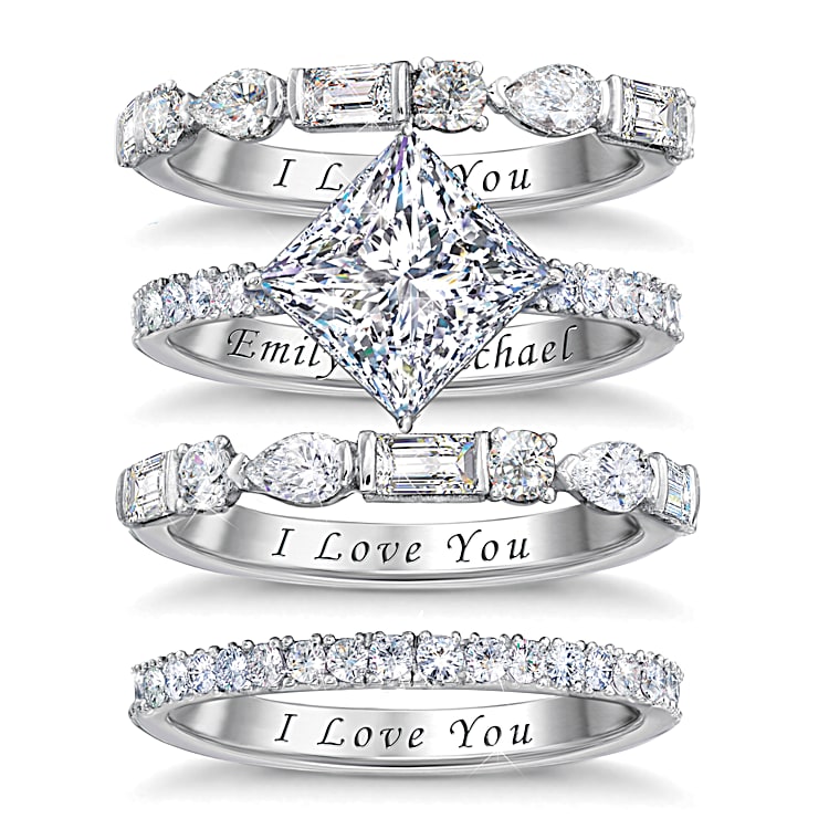 Facets Of Love Platinum Plated Stacking Ring Set Featuring 4 Bands With Simulated Diamonds And Personalized
