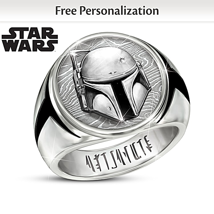 STAR WARS Boba Fett Stainless Steel Ring Featuring A Raised Helmet Design And Personalized With Your Name In Mandalorian