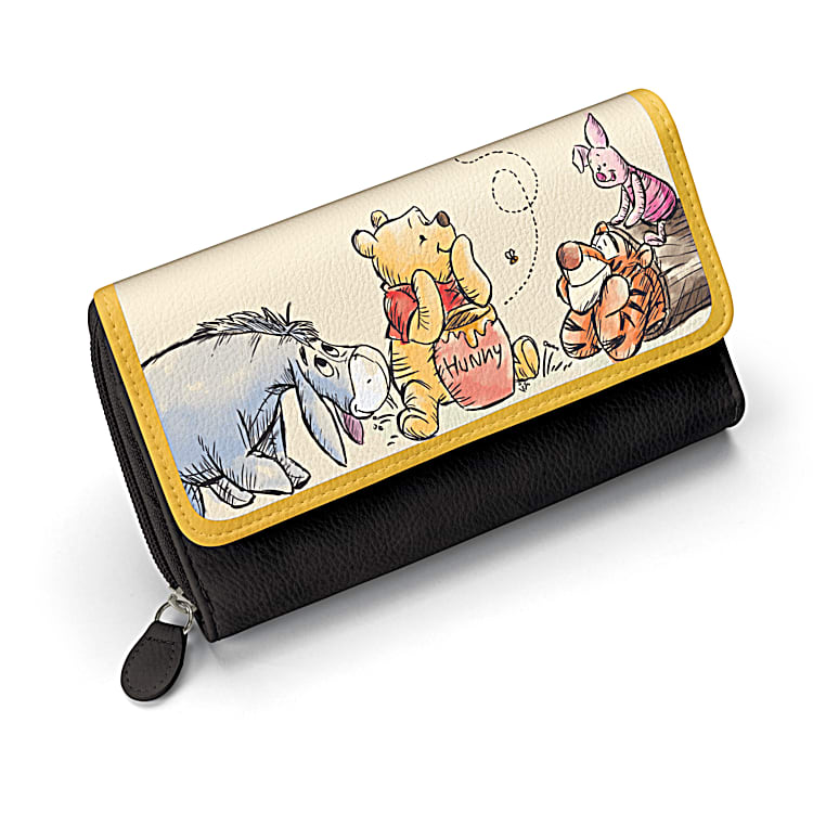 Disney Winnie The Pooh Womens Black Faux Leather Trifold Wallet With Yellow Trim Featuring Disney Art On The Front Flap With Silver Toned Hardware