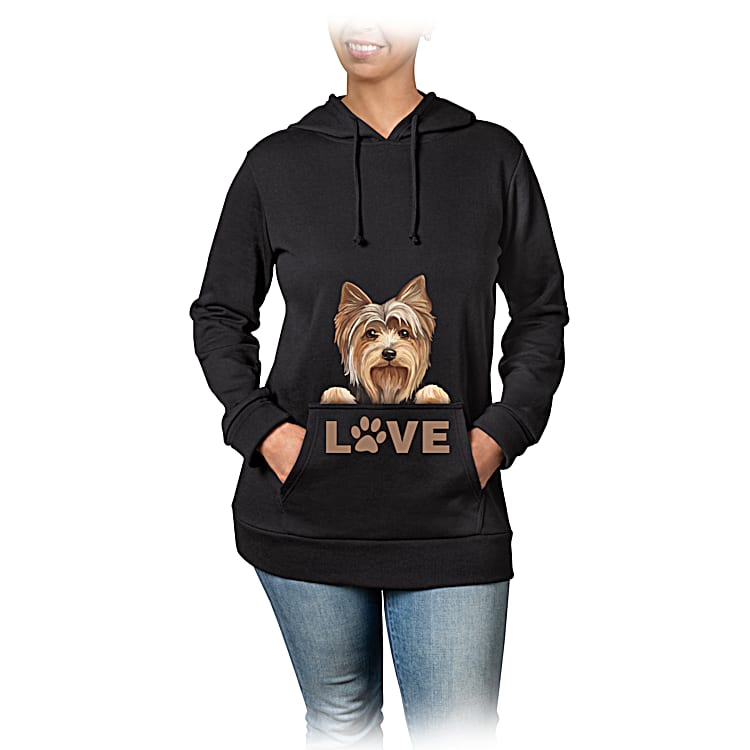 Peek A Boo Pup Black Pullover Hoodie Featuring Dog Art With The Dog Breed Of Your Choice Peeking Out Over The Front Pocket With The Word LOVE Below