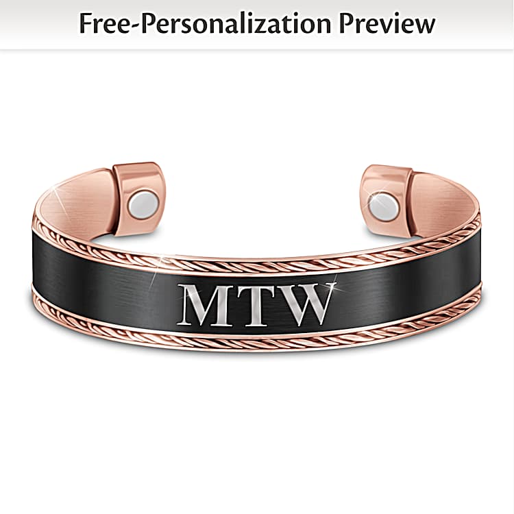 Mens Copper Cuff Bracelet Featuring A Polished Black Enameled Center Monogrammed With 3 Initials