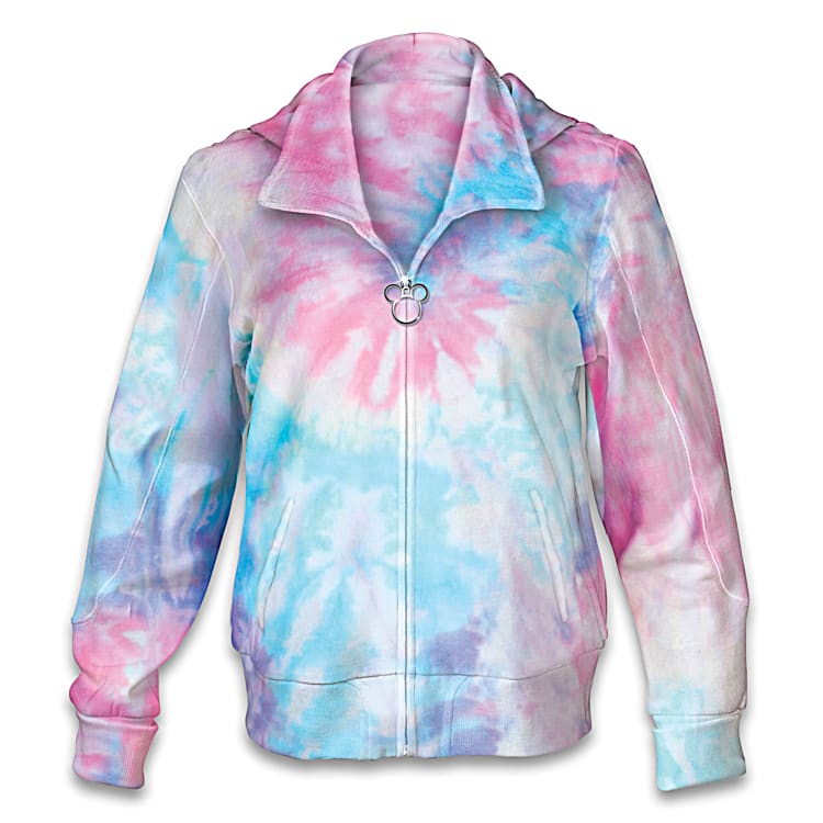 Disney Friends Forever Womens Full Zip Hoodie Featuring A Pink Turquoise And Purple Tie Dye Design With A Mickey Mouse Silhouette Zipper Pull Charm
