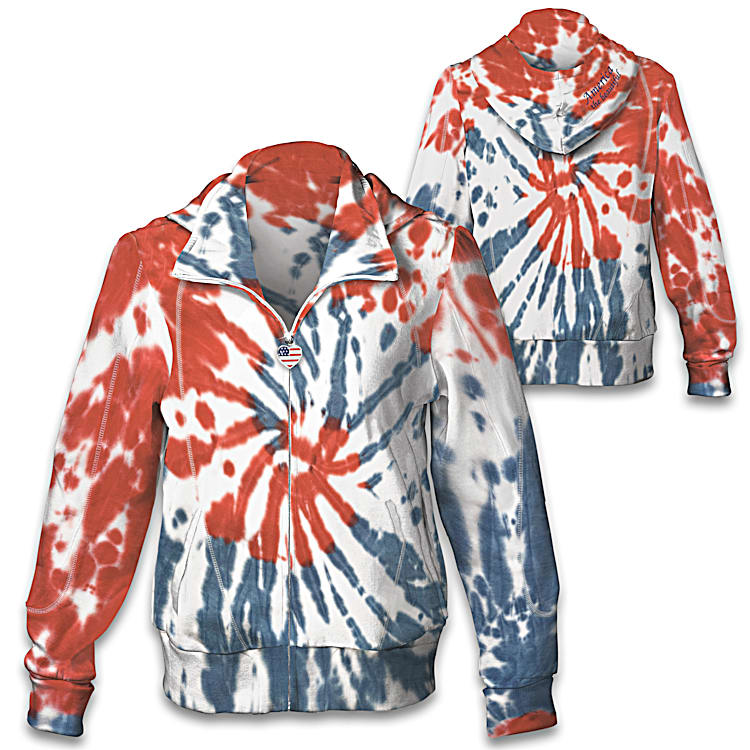 American Pride Womens Patriotic Full Zip Hoodie Featuring A Red White And Blue Tie Dye Design With A Heart Shaped American Flag Zipper Pull Charm