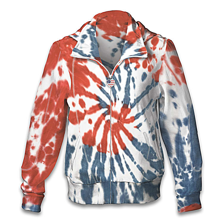 American Pride Womens Patriotic Full Zip Hoodie Featuring A Red White And Blue Tie Dye Design With A Heart Shaped American Flag Zipper Pull Charm