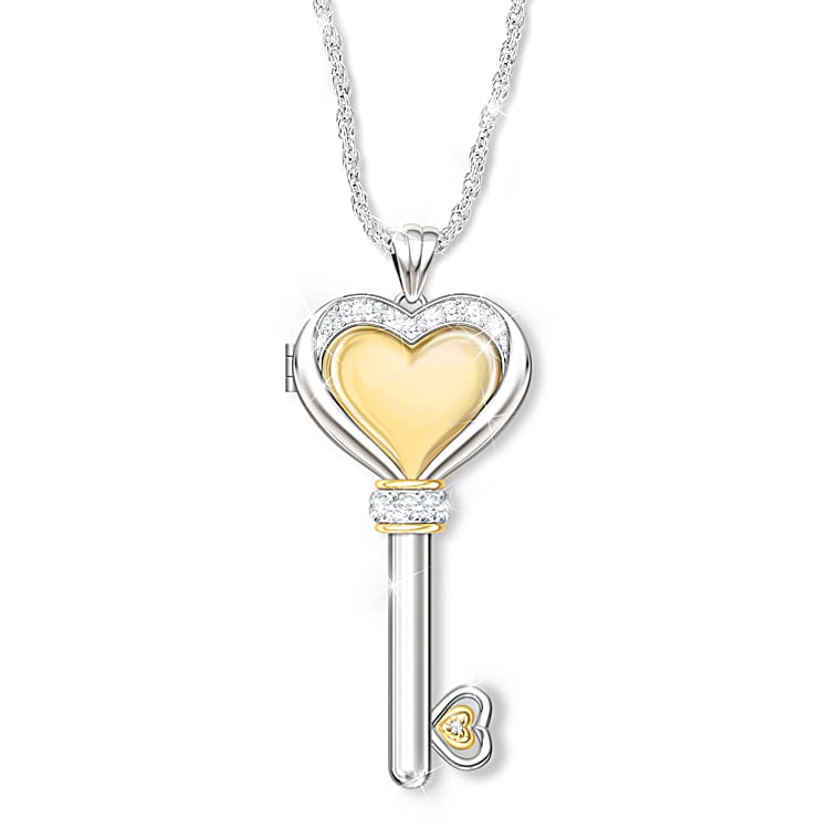 Family Is The Key To Love Key Shaped Locket Pendant Necklace With 18K Gold Plated Accents