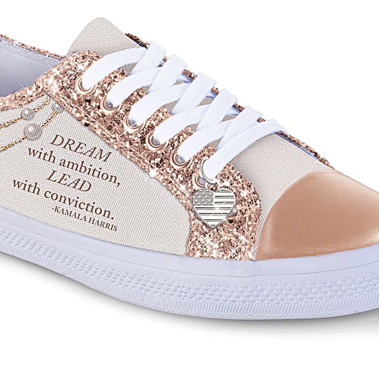 VP Kamala Harris Ever Sparkle Womens Canvas Shoes Featuring A Pearl Design And Inspirational Message With Glitter Trim Heart Shaped Charm