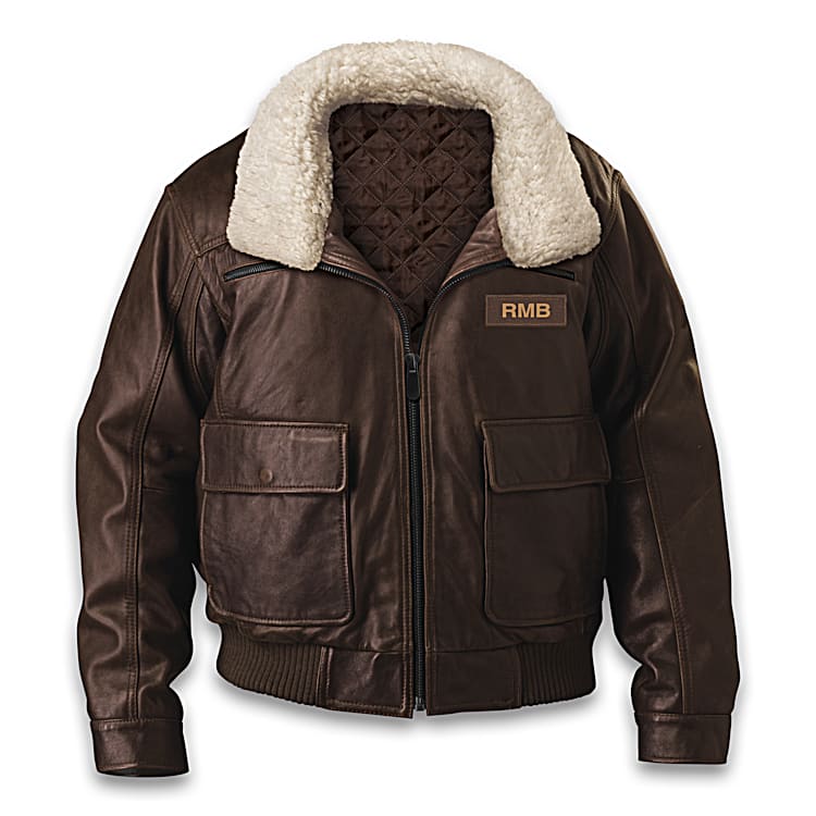 Leather Aviator Brown Leather Bomber Jacket With Detachable Faux Shearling Collar And An Applique Patch Personalized