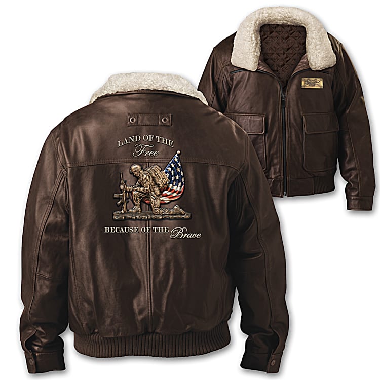 Freedom For All Mens Brown Leather Bomber Jacket Featuring An Applique Patch Of The Iconic Kneeling Soldier On The Back With Detachable Sherpa Collar