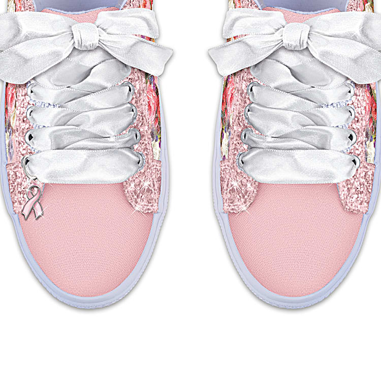 Ever Sparkle Breast Cancer Awareness Womens Pink Canvas Shoes Featuring Floral Art With Pink Glitter Trim And Breast Cancer Awareness Ribbon Charm