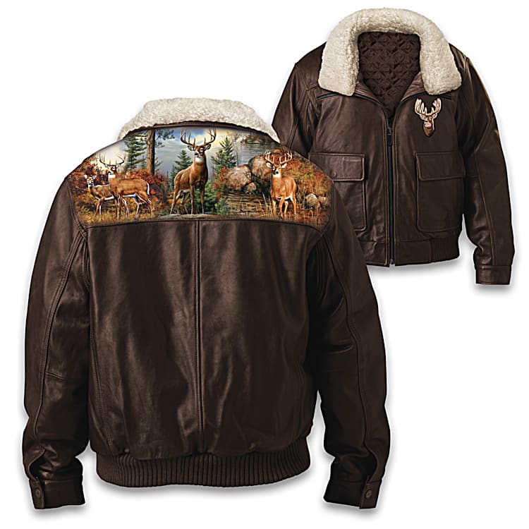 Forest Guardians Brown Leather Bomber Jacket Featuring Deer Forest Guardians Brown Leather Bomber Jacket Featuring Deer