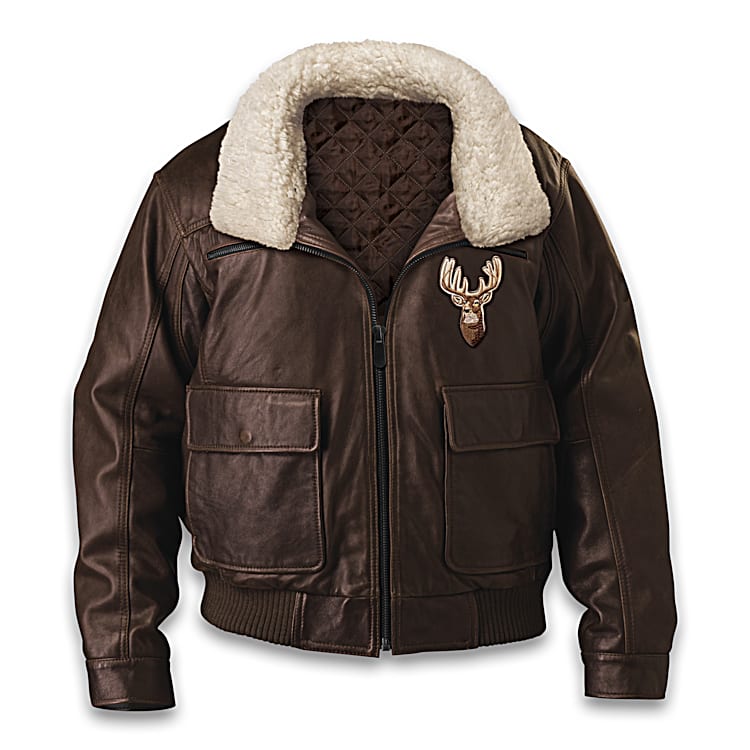 Forest Guardians Brown Leather Bomber Jacket Featuring Deer Forest Guardians Brown Leather Bomber Jacket Featuring Deer