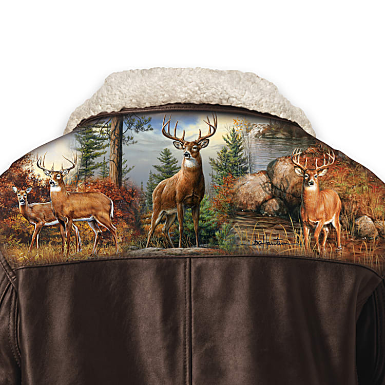 Forest Guardians Brown Leather Bomber Jacket Featuring Deer Forest Guardians Brown Leather Bomber Jacket Featuring Deer