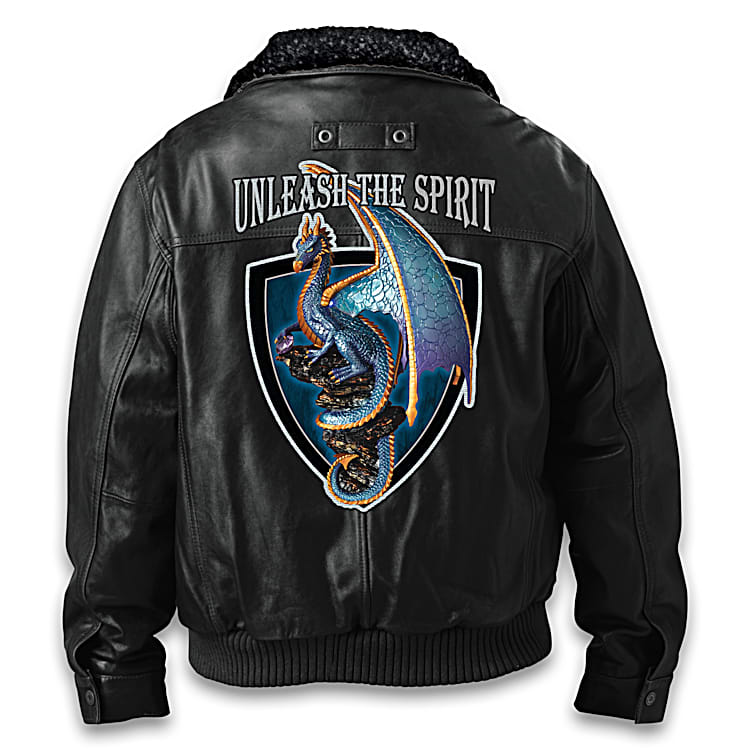 Unleash The Spirit Mens Black Leather Bomber Jacket Featuring A Dragon Applique Patch On The Back With A Detachable Sherpa Collar