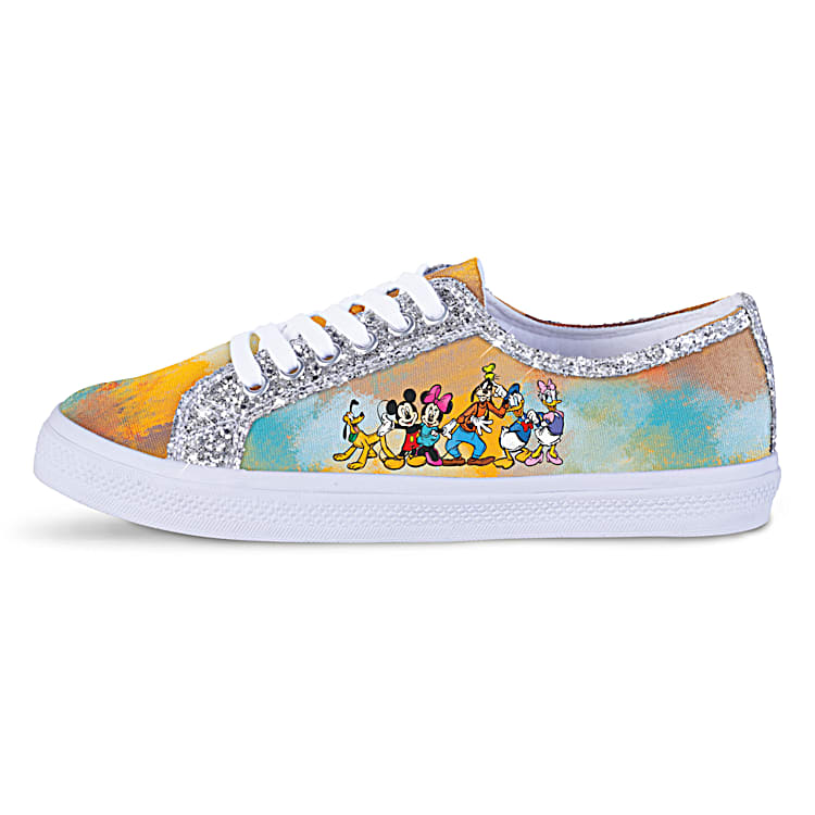 Disney Mickey Mouse And Friends Ever Sparkle Colorful Tie Dye Canvas Shoes Featuring Art Of Your Favorite Disney Characters With Silvery Glitter Trim