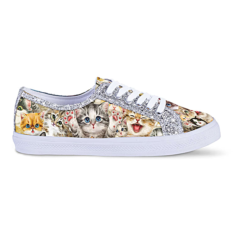 Ever Sparkle Cats With Purr sonality Womens Cat Themed Canvas Shoes Featuring Cat Art By Artist Kayomi Harai With Silvery Glitter Trim