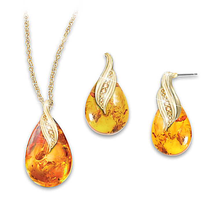 Womens 18K Gold Plated Amber Gemstone Pendant And Earrings Set Adorned With 16 Citrine Accents