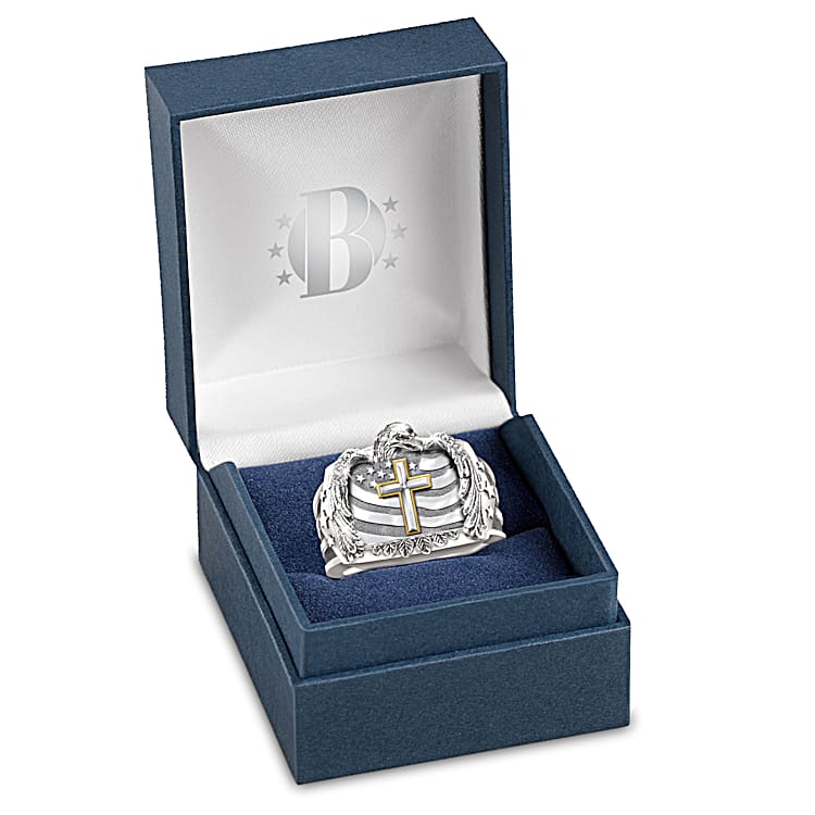 Mens Patriotic Stainless Steel Ring Adorned With An Eagle Cross American Flag And Diamond Accent
