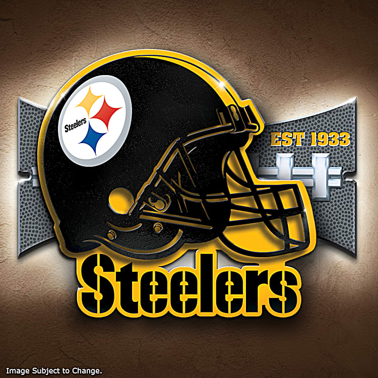 Pittsburgh Steelers Illuminated NFL Wall Decor Featuring A 3D Metal Sign In  The Shape Of A Steelers Football Helmet Adorned With Team Colors & Logos