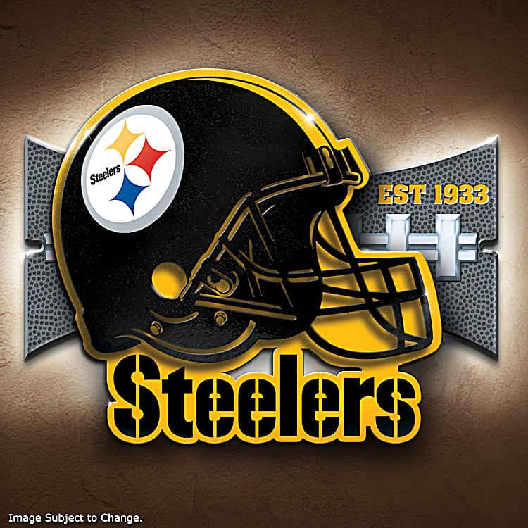 Pittsburgh Steelers Illuminated NFL Wall Decor Featuring A 3D Metal Sign In The Shape Of A Steelers Football Helmet Adorned With Team Colors Logos