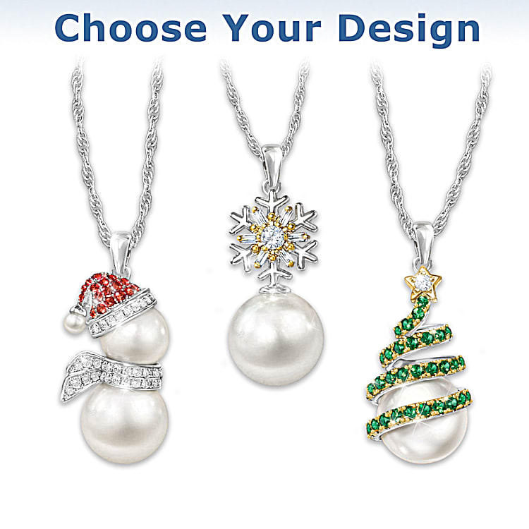 Pearls Of Joy 18K Gold Silver Plated Pendant Necklace Adorned With Simulated Pearls And Crystal Paves With Your Choice Of 3 Christmas Themed Designs