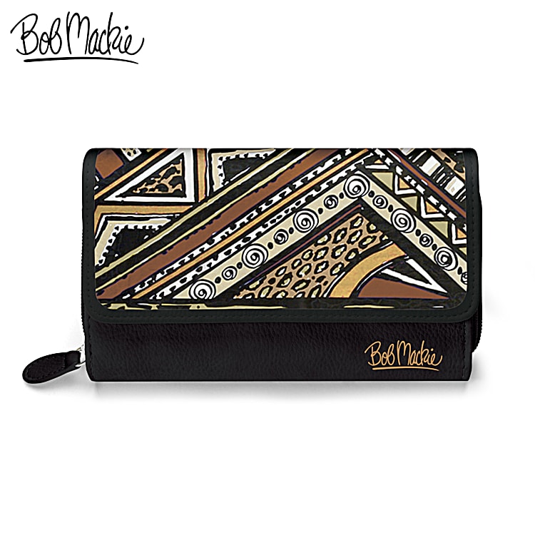 Bob Mackie Black Faux Leather Trifold Wallet Adorned With Contemporary Prints And Patterns