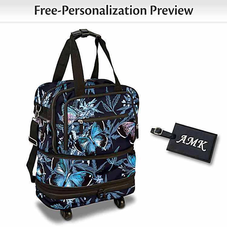 Personalized Poly Twill Rolling Travel Bag Featuring An All Over Butterfly Print With Silver Toned Hardware And Comes With A Monogrammed Luggage Tag