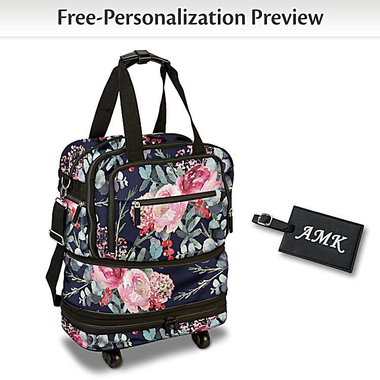 Personalized Poly Twill Rolling Travel Bag Featuring An All Over Floral Print With Silver Toned Hardware And Comes With A Monogrammed Luggage Tag