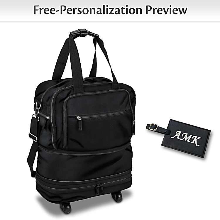 Personalized Black Water Resistant Polyester Twill Rolling Travel Bag With Silver Toned Hardware And Comes With A Monogrammed Luggage Tag