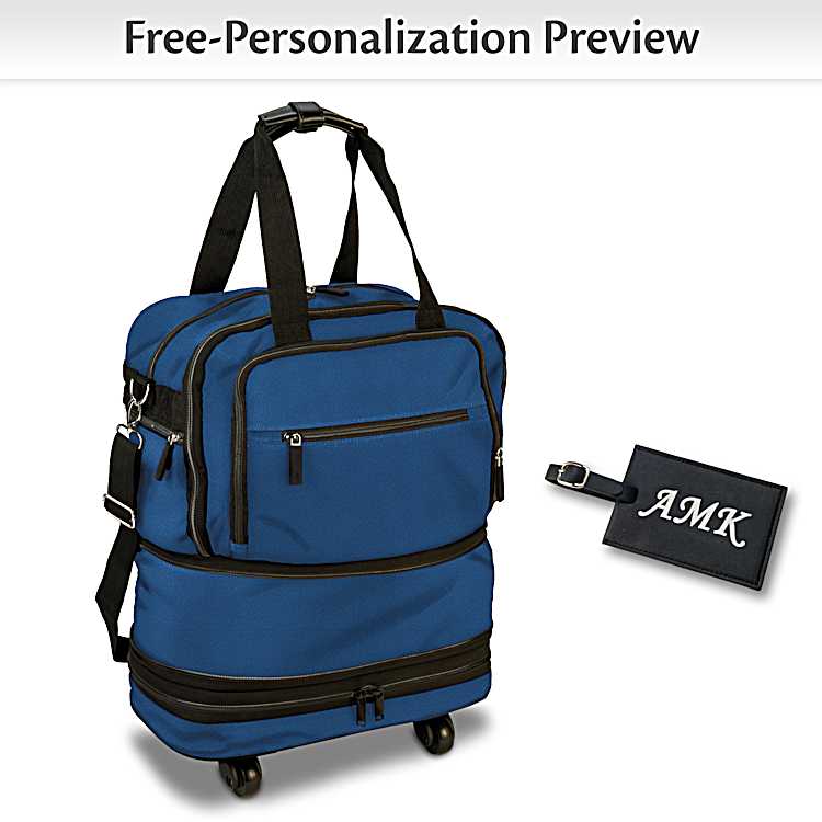 On My Way Personalized Blue Water Resistant Polyester Twill Rolling Travel Bag With Silver Toned Hardware And Comes With A Monogrammed Luggage Tag