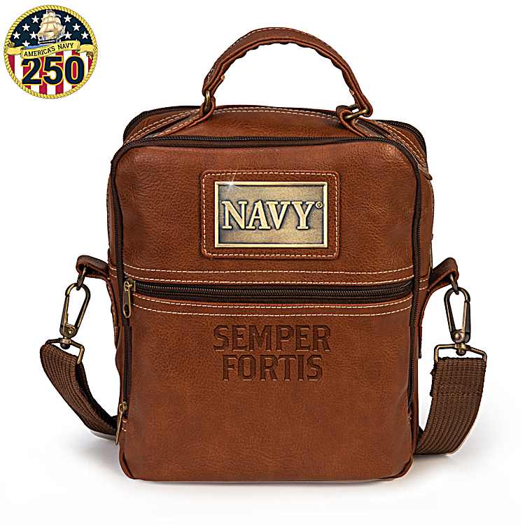 U.S. Navy Brown Faux Leather Gear Organizer Bag Adorned With A U.S. Navy Plaque And U.S. Navy Motto