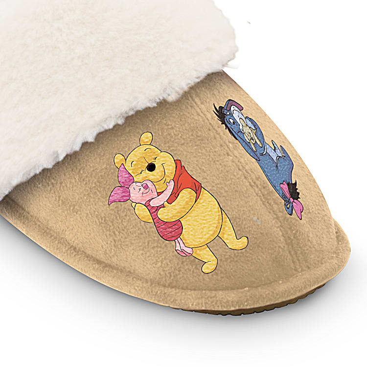Disney Winnie The Pooh Womens Tan Faux Suede Slippers Adorned With Winnie The Pooh Art Feature A Flexible Sole Lined With Cozy Faux Fur